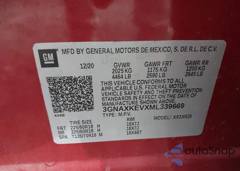 2021 Chevrolet Equinox Fwd Lt z USA, uszkodzony, nr VIN 3GNAXKEVXML339669